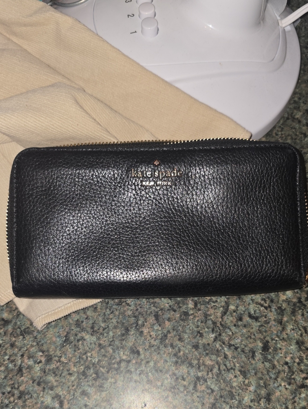 kate spade Black Pebbled Leather Zip Wallet with Gold Logo
